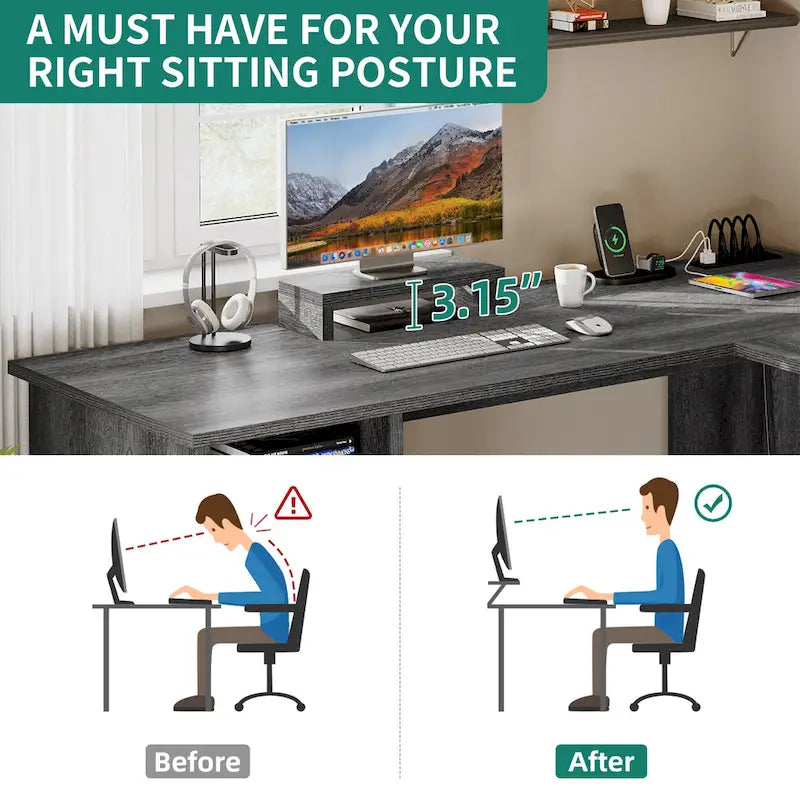 L-Shaped Gaming Desk with Monitor Stand, Drawers & Charging Station
