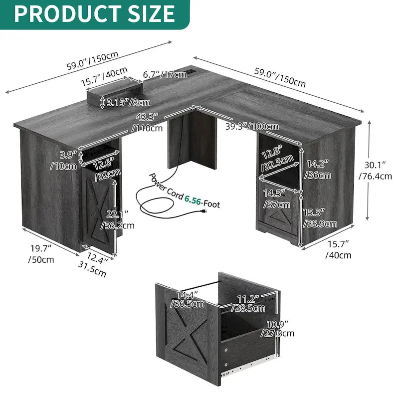 L-Shaped Gaming Desk with Monitor Stand, Drawers & Charging Station