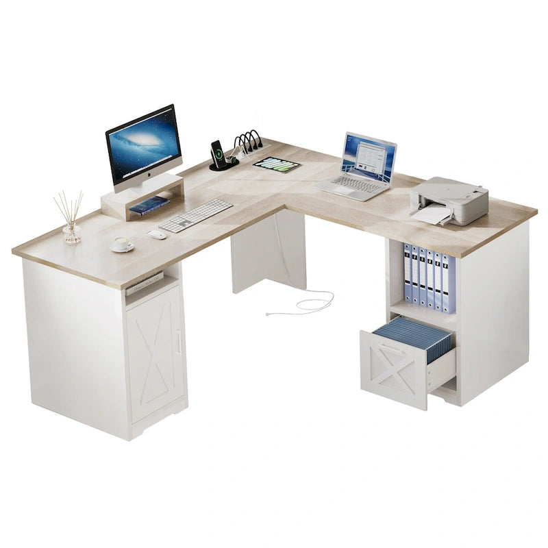 L-Shaped Gaming Desk with Monitor Stand, Drawers & Charging Station
