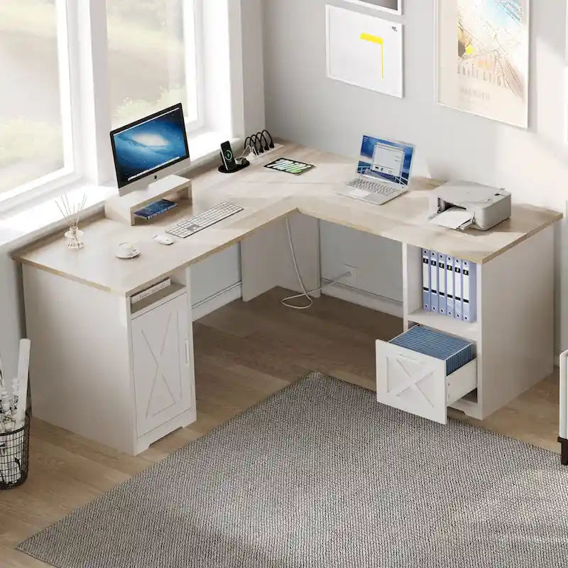 L-Shaped Gaming Desk with Monitor Stand, Drawers & Charging Station