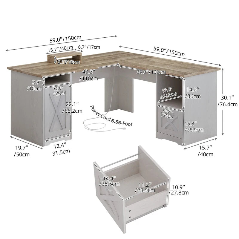 L-Shaped Gaming Desk with Monitor Stand, Drawers & Charging Station