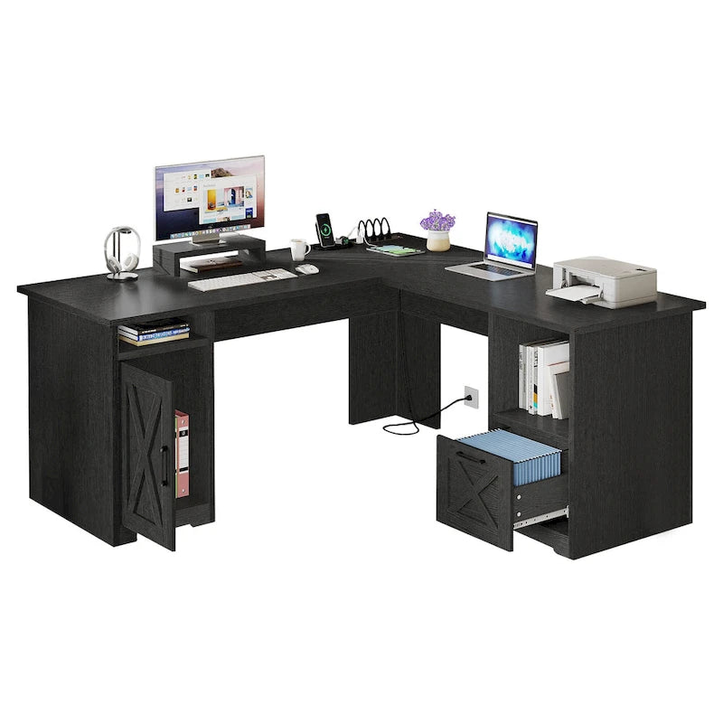 L-Shaped Gaming Desk with Monitor Stand, Drawers & Charging Station