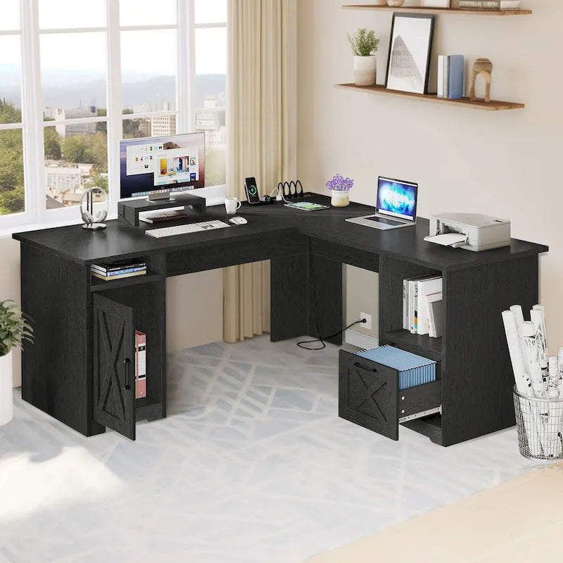 L-Shaped Gaming Desk with Monitor Stand, Drawers & Charging Station