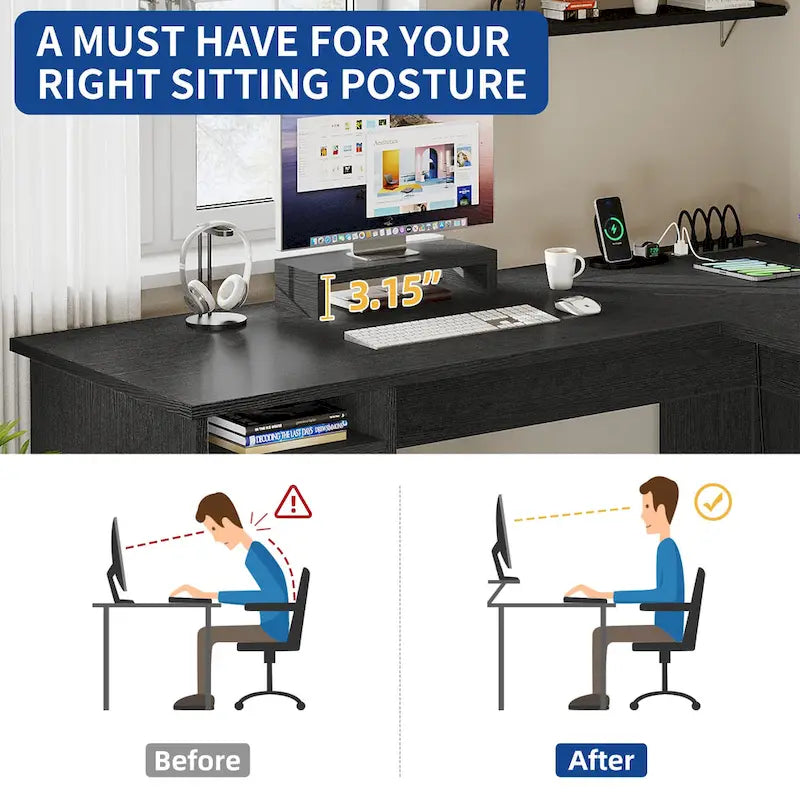 L-Shaped Gaming Desk with Monitor Stand, Drawers & Charging Station