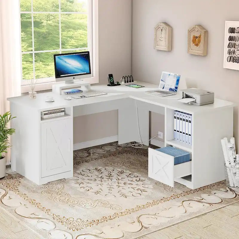 L-Shaped Gaming Desk with Monitor Stand, Drawers & Charging Station