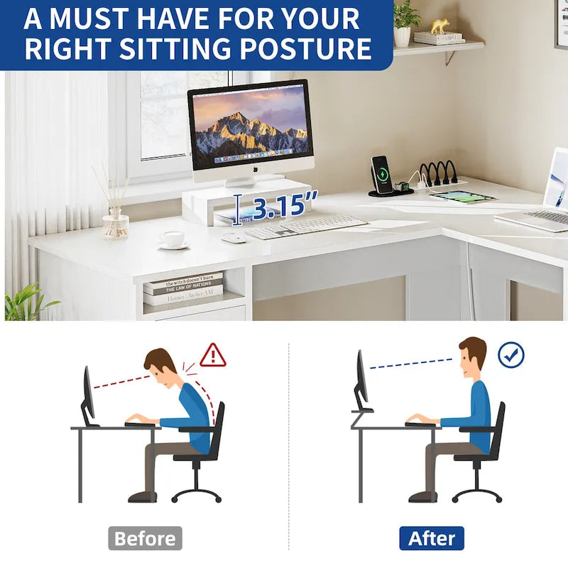 L-Shaped Gaming Desk with Monitor Stand, Drawers & Charging Station
