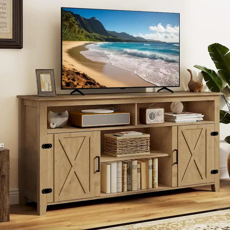 Farmhouse Highboy TV Stand for 65-Inch TV, Barn Door Entertainment Center