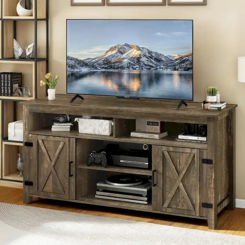Farmhouse Highboy TV Stand for 65-Inch TV, Barn Door Entertainment Center