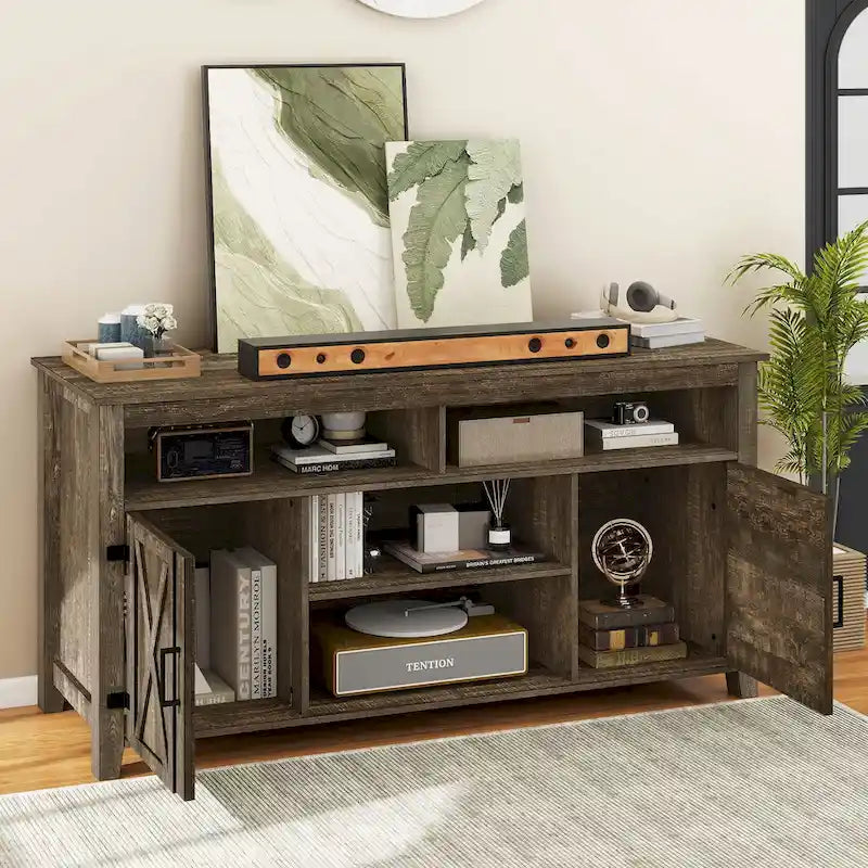 Farmhouse Highboy TV Stand for 65-Inch TV, Barn Door Entertainment Center