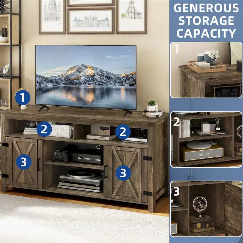Farmhouse Highboy TV Stand for 65-Inch TV, Barn Door Entertainment Center