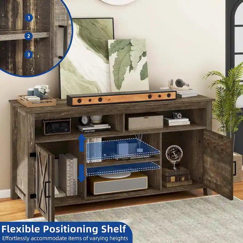 Farmhouse Highboy TV Stand for 65-Inch TV, Barn Door Entertainment Center
