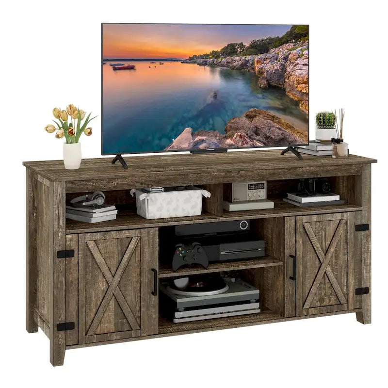 Farmhouse Highboy TV Stand for 65-Inch TV, Barn Door Entertainment Center