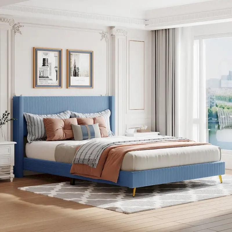 Queen Corduroy Upholstered Platform Bed with Metal Legs