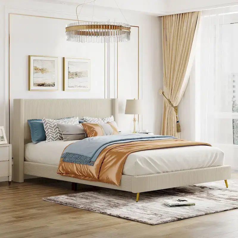 Queen Corduroy Upholstered Platform Bed with Metal Legs