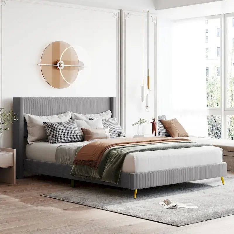 Queen Corduroy Upholstered Platform Bed with Metal Legs