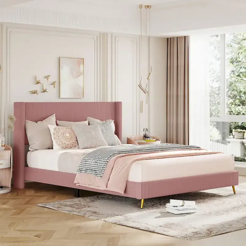 Queen Corduroy Upholstered Platform Bed with Metal Legs