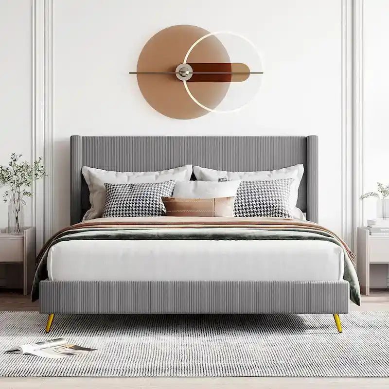Queen Corduroy Upholstered Platform Bed with Metal Legs