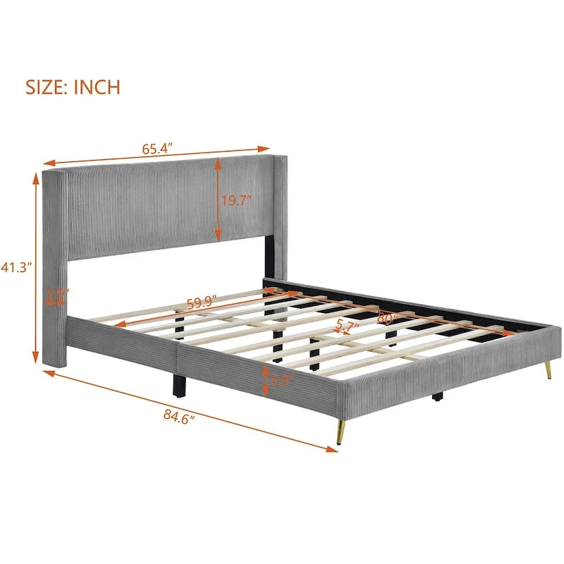 Queen Corduroy Upholstered Platform Bed with Metal Legs