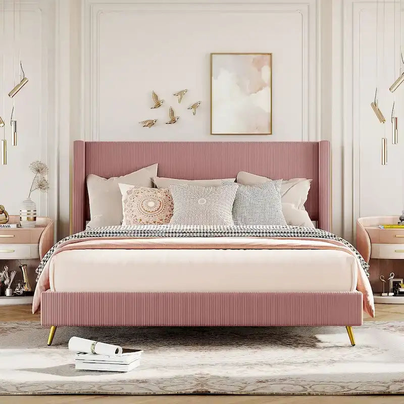 Queen Corduroy Upholstered Platform Bed with Metal Legs