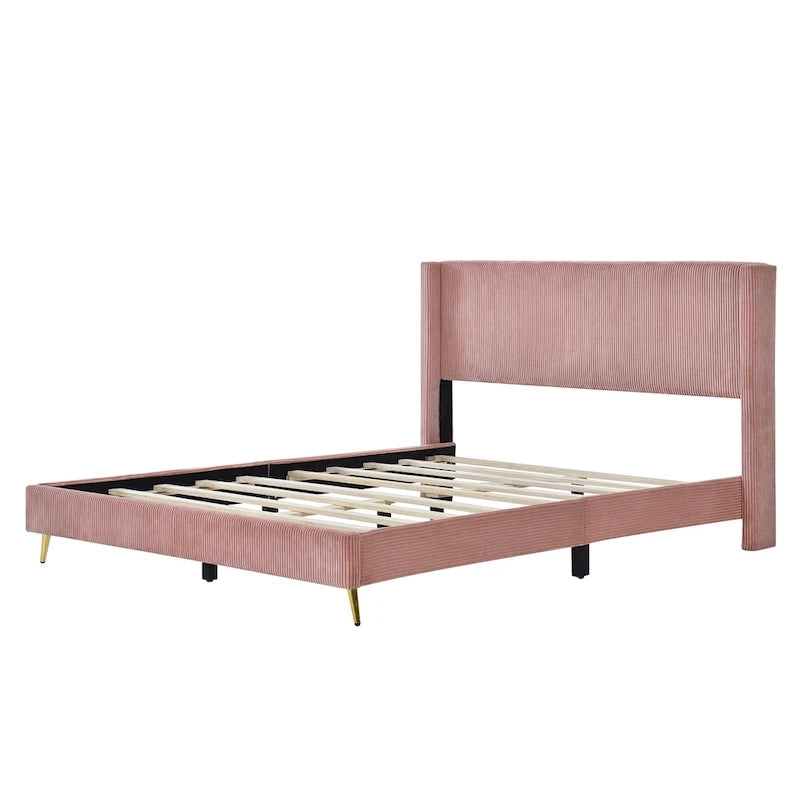 Queen Corduroy Upholstered Platform Bed with Metal Legs
