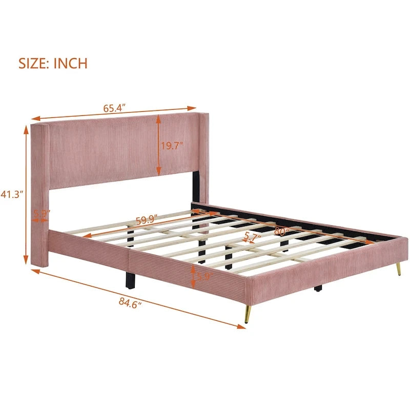 Queen Corduroy Upholstered Platform Bed with Metal Legs