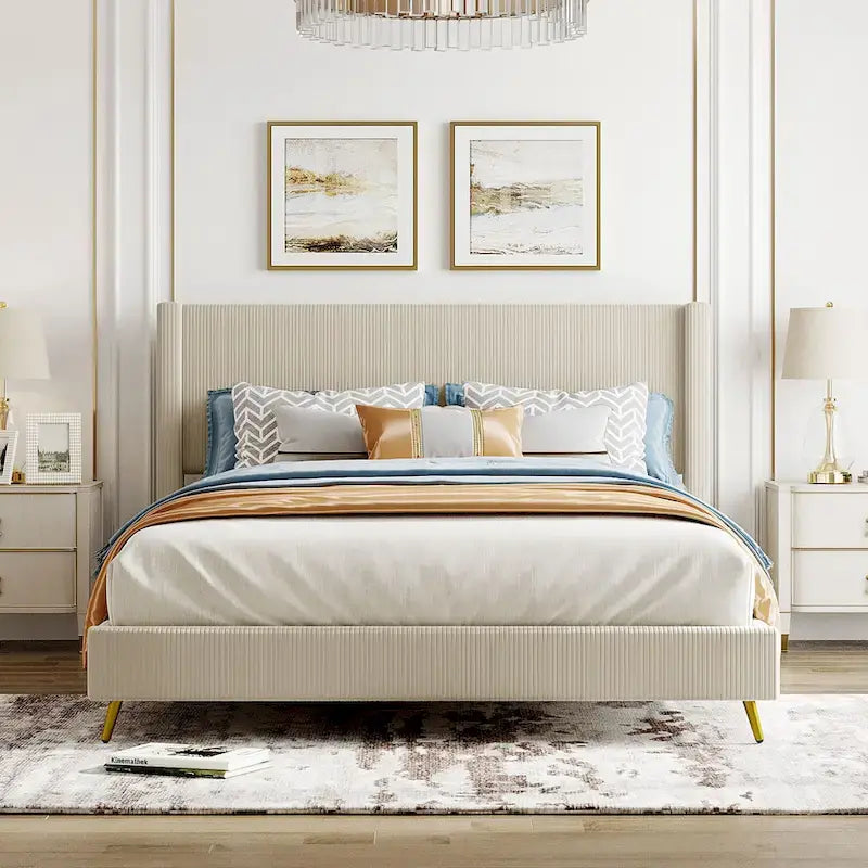 Queen Corduroy Upholstered Platform Bed with Metal Legs