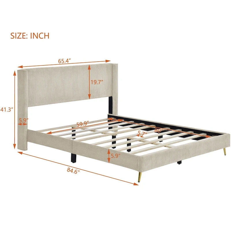 Queen Corduroy Upholstered Platform Bed with Metal Legs