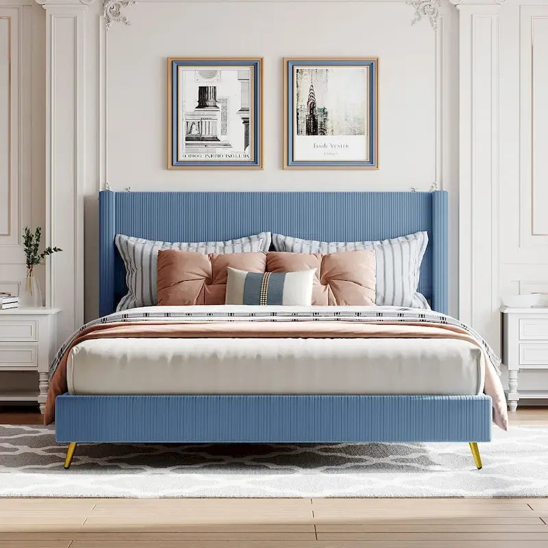 Queen Corduroy Upholstered Platform Bed with Metal Legs