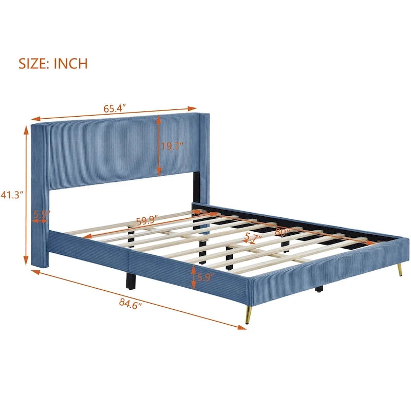 Queen Corduroy Upholstered Platform Bed with Metal Legs