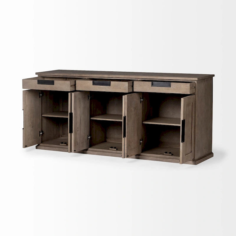 Sideboard aus massivem Mangoholz in Naturbraun mit 3 Schubladen und 6 Türen - 81.5W x 18.5D x 36H