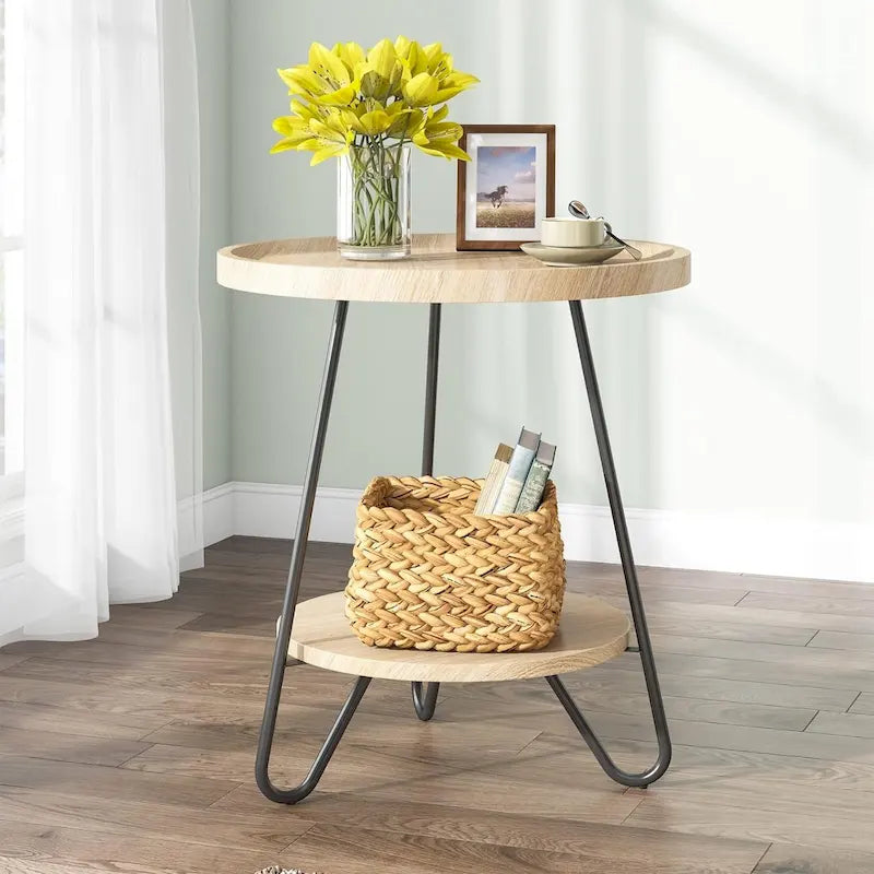 2-Tier Round Side Table, Wooden End Table with Metal Frame