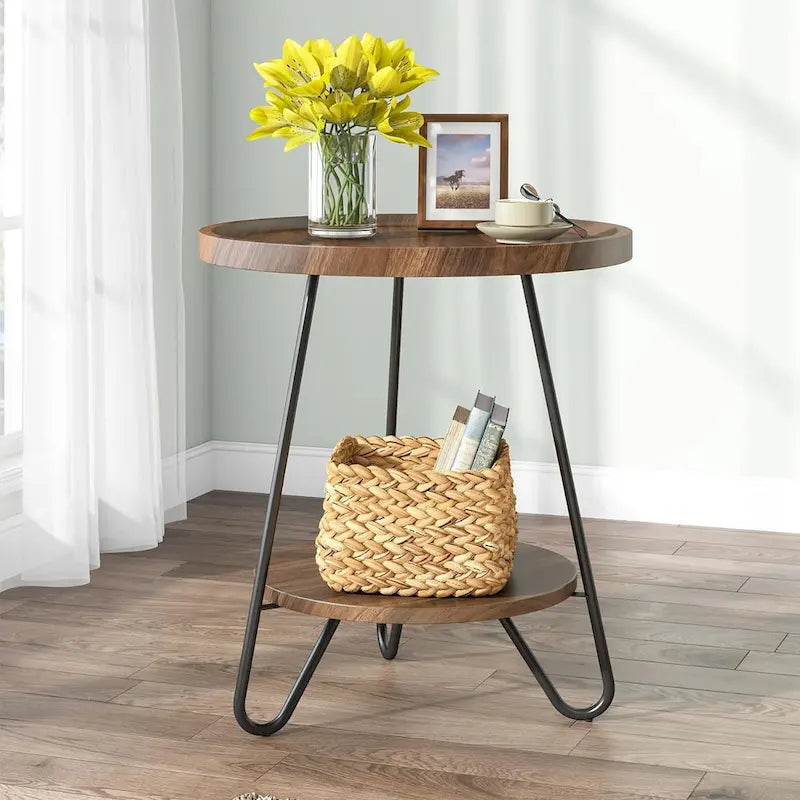 2-Tier Round Side Table, Wooden End Table with Metal Frame