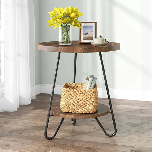 2-Tier Round Side Table, Wooden End Table with Metal Frame