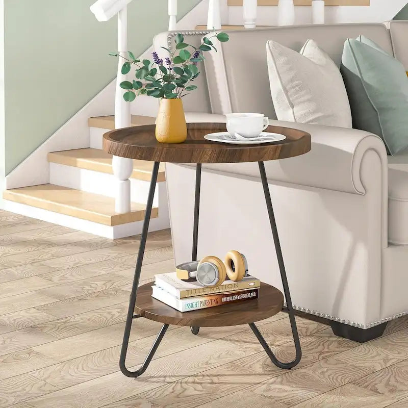2-Tier Round Side Table, Wooden End Table with Metal Frame