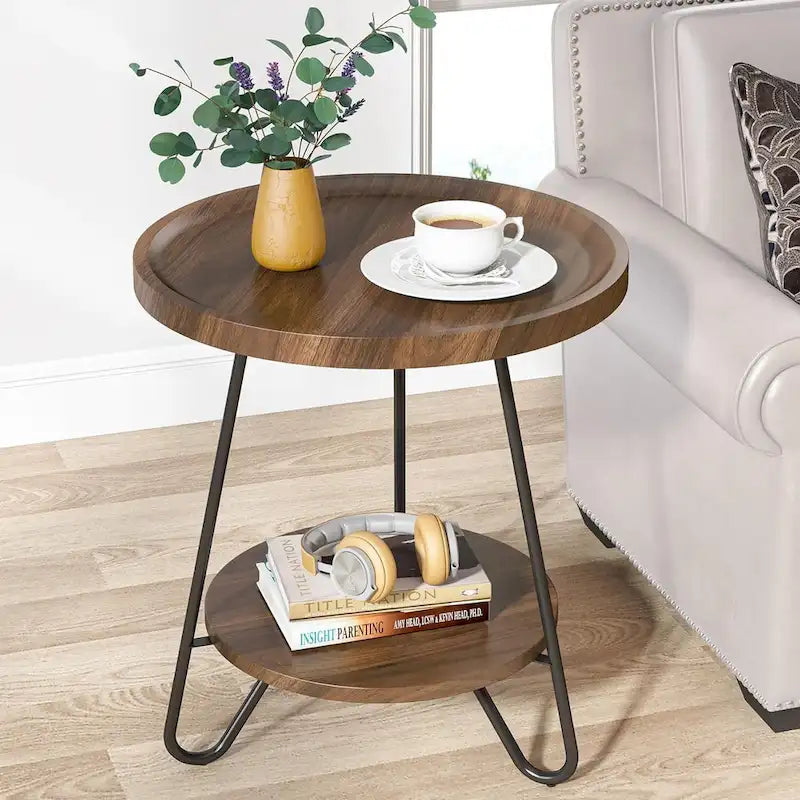 2-Tier Round Side Table, Wooden End Table with Metal Frame