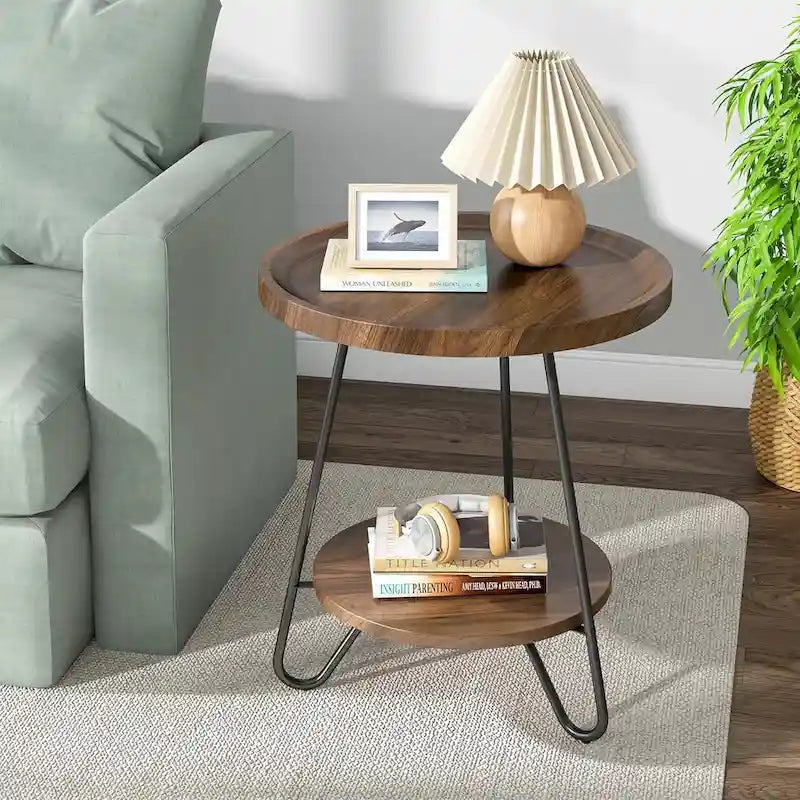 2-Tier Round Side Table, Wooden End Table with Metal Frame