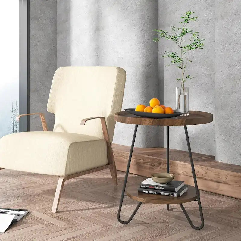 2-Tier Round Side Table, Wooden End Table with Metal Frame