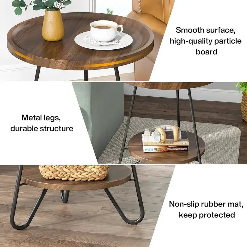 2-Tier Round Side Table, Wooden End Table with Metal Frame