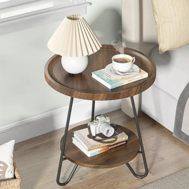 2-Tier Round Side Table, Wooden End Table with Metal Frame