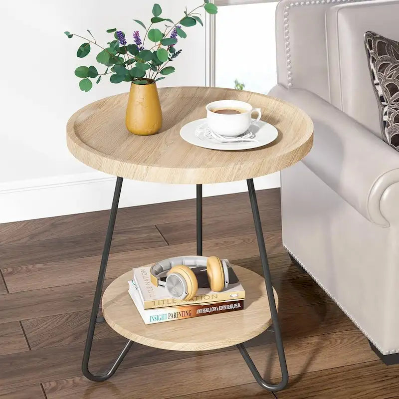 2-Tier Round Side Table, Wooden End Table with Metal Frame