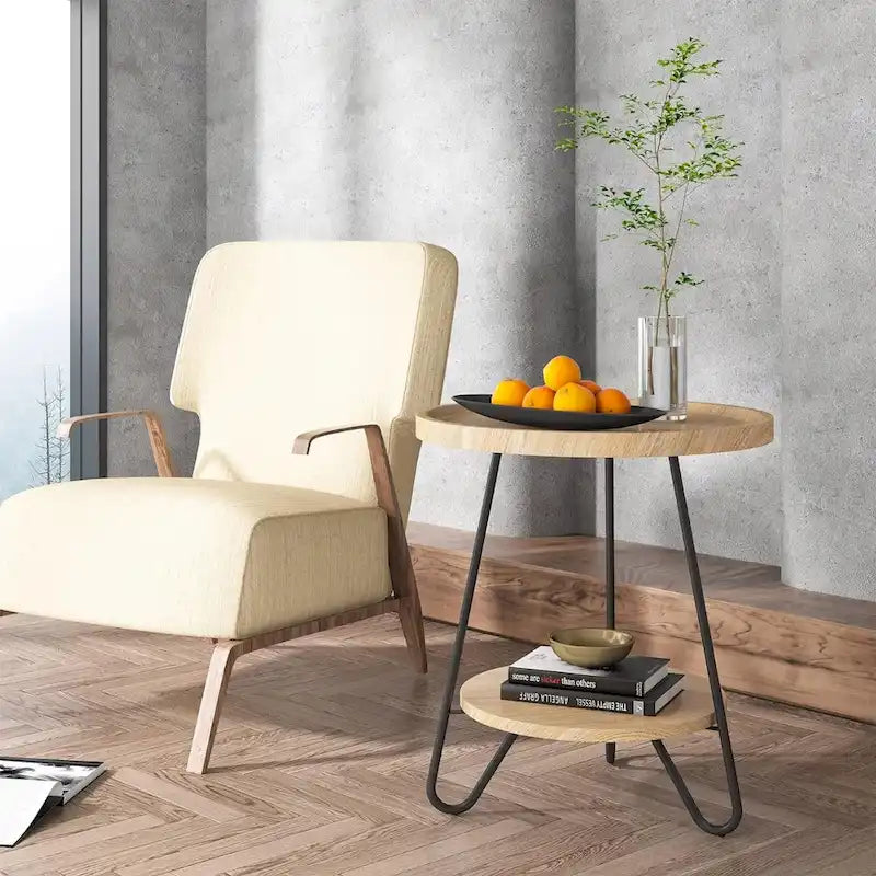 2-Tier Round Side Table, Wooden End Table with Metal Frame