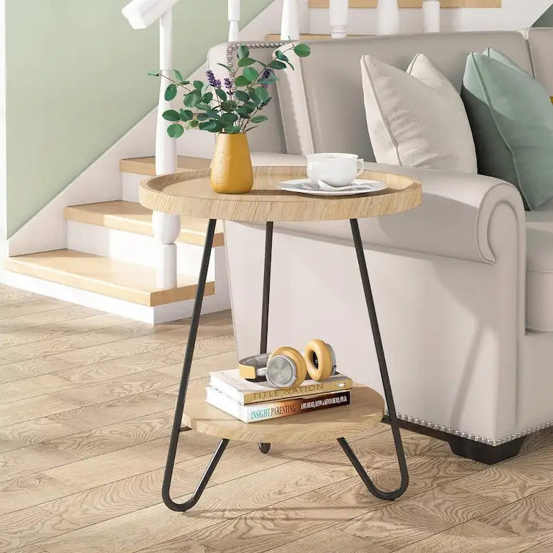 2-Tier Round Side Table, Wooden End Table with Metal Frame