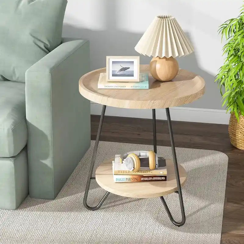 2-Tier Round Side Table, Wooden End Table with Metal Frame