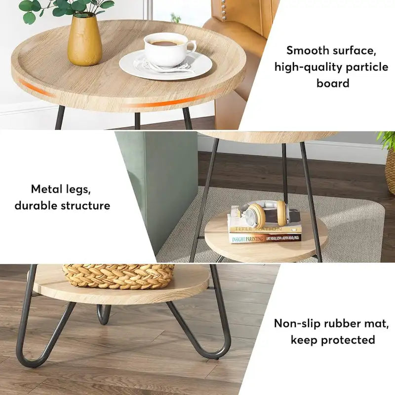 2-Tier Round Side Table, Wooden End Table with Metal Frame