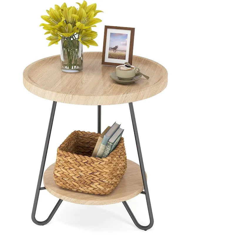 2-Tier Round Side Table, Wooden End Table with Metal Frame