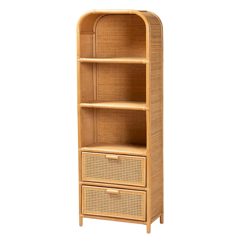 Bibliothèque moderne bohème en rotin miel clair avec 2 tiroirs