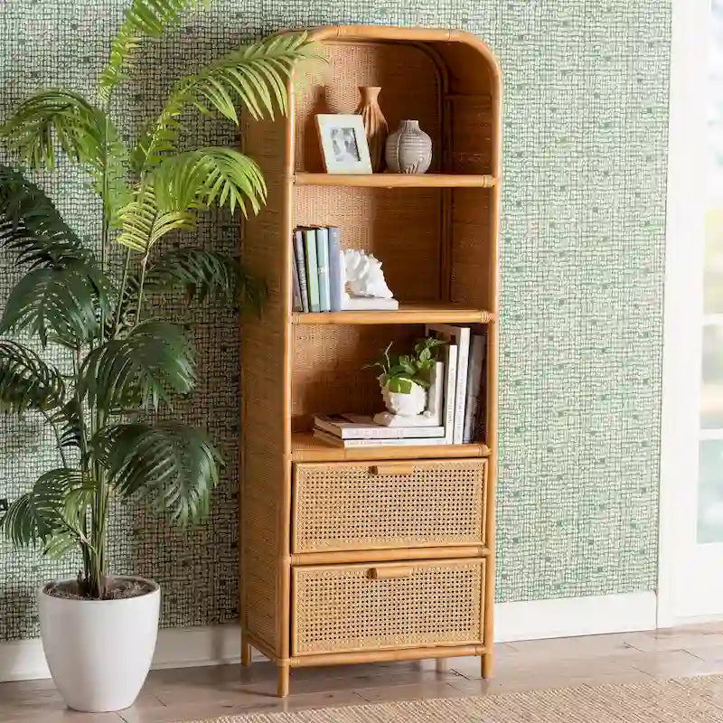 Curacao Modern Bohemian Light Honey Rattan 2-Drawer Bookcase