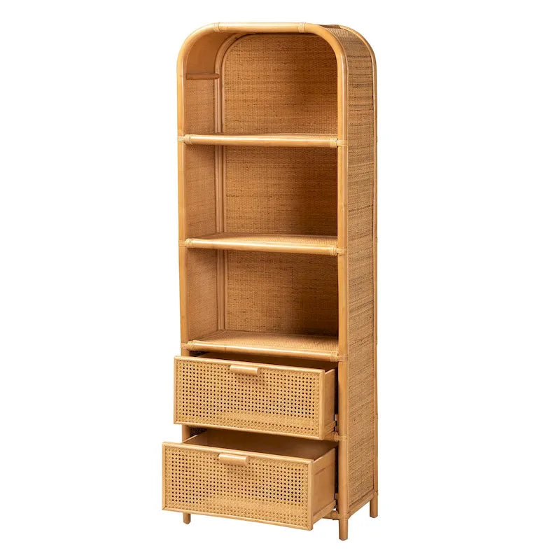 Bibliothèque moderne bohème en rotin miel clair avec 2 tiroirs