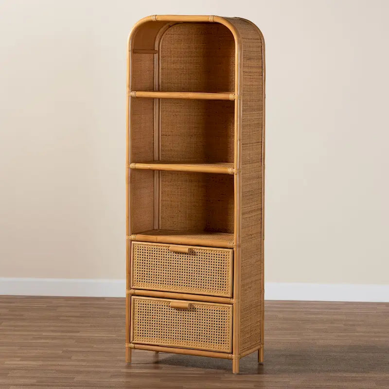 Bibliothèque moderne bohème en rotin miel clair avec 2 tiroirs