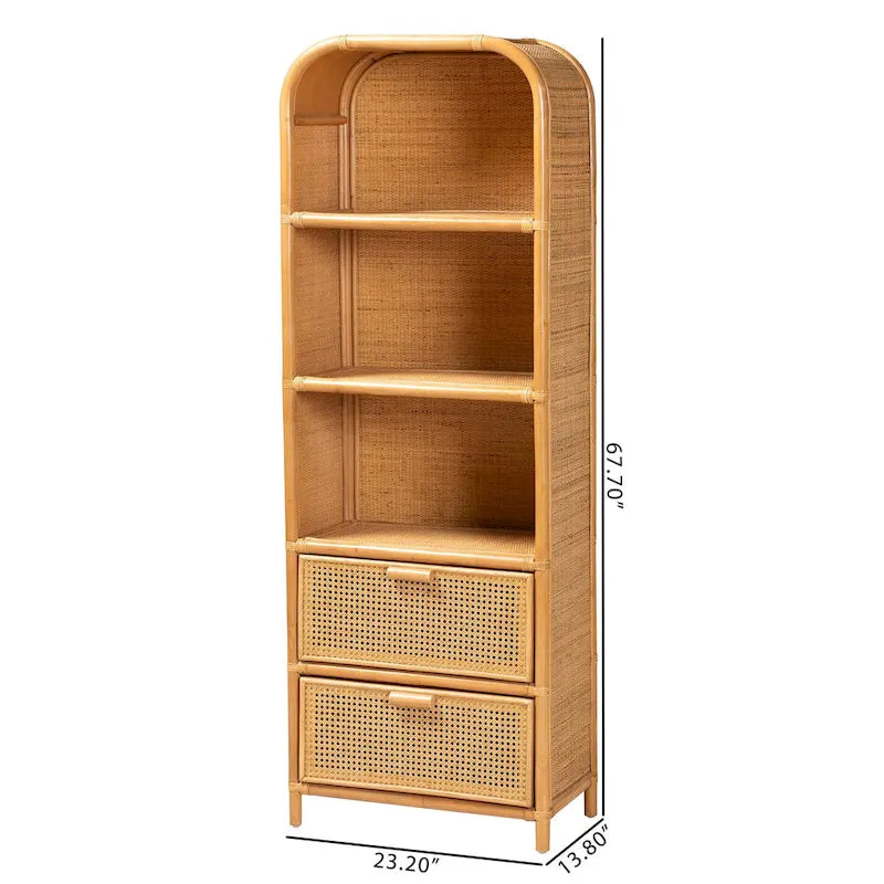 Bibliothèque moderne bohème en rotin miel clair avec 2 tiroirs
